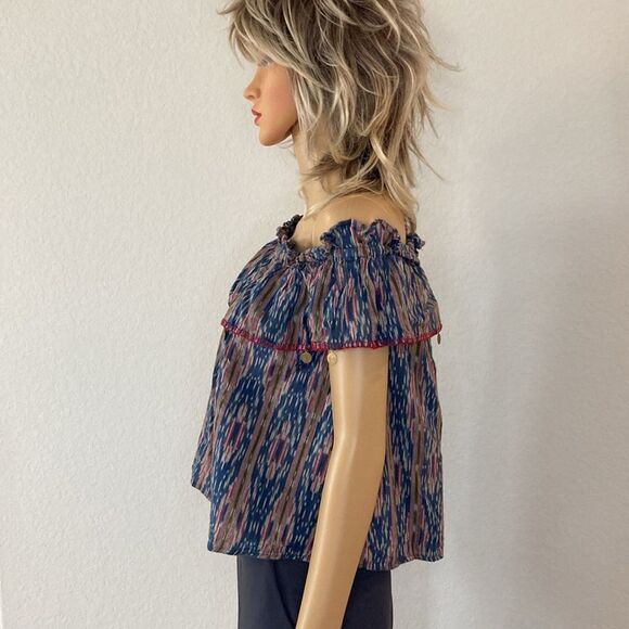 THML XS Ikat Off Shoulder Flutter Sleeve Coin Tassel Boho Cropped Top - Picture 9 of 12